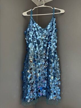 12th Tribe Bright Blue Sequin Dress with Fringe Detail